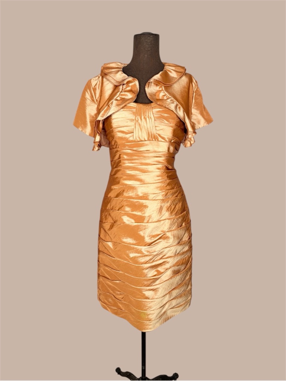 Val Stefani Satin Strapless Ruched Cocktail Dress Camel Gold + Shawl